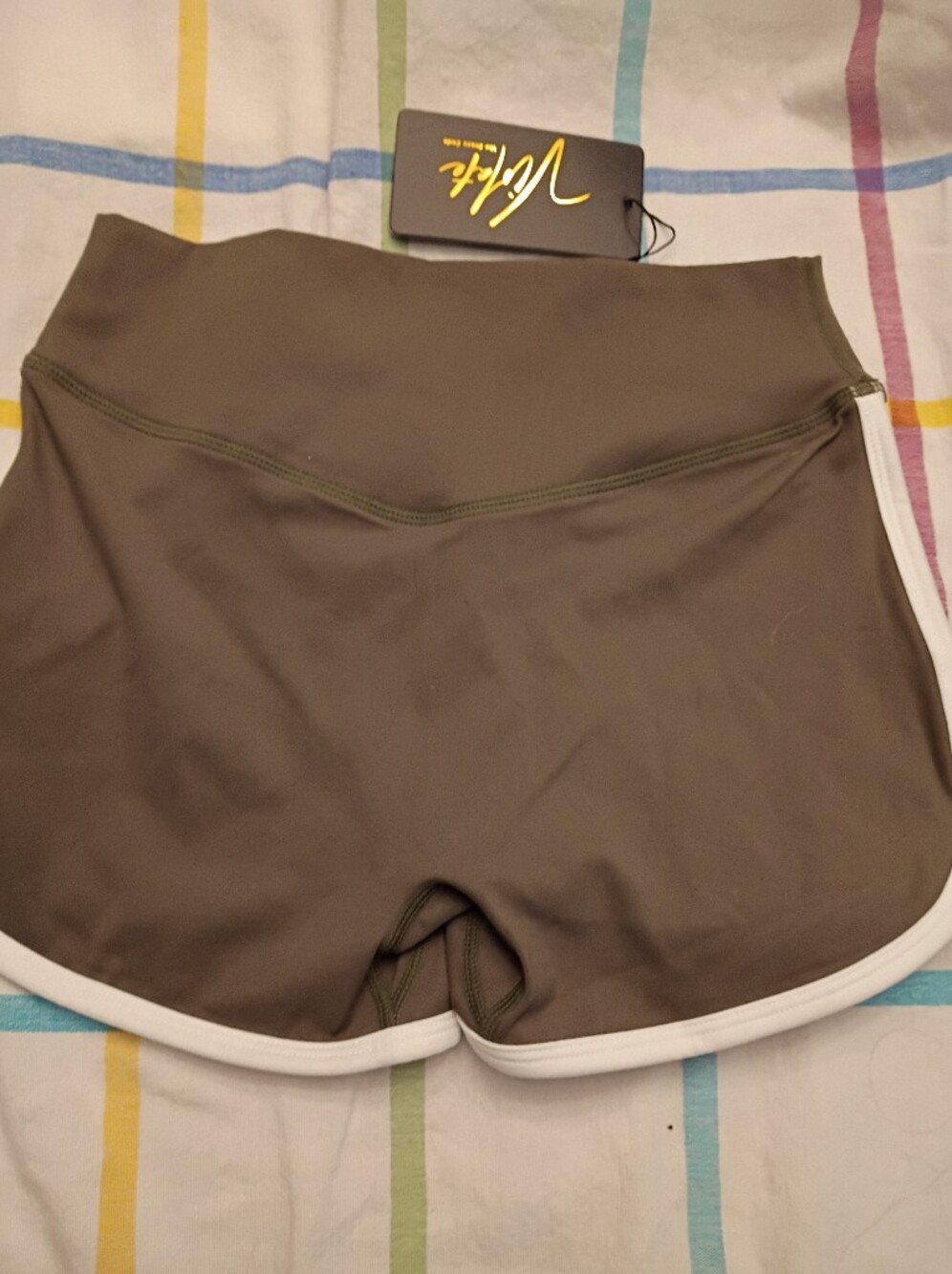 Violeta By Mango Olive Athletic High-Rise Shorts with White Trim